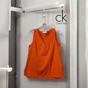 Calvin Klein, Sleeveless Bi-Material Orange Blouse, Medium
